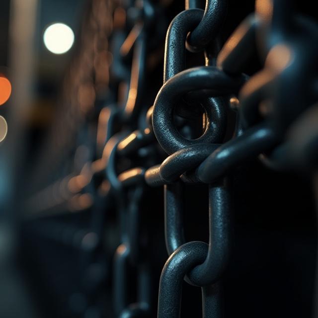 Close up of high-tension chains and straps securing freight