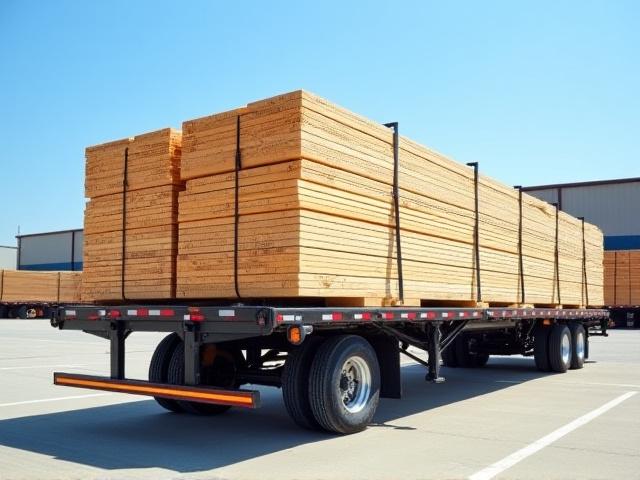 Flatbed truck loaded with industrial lumber