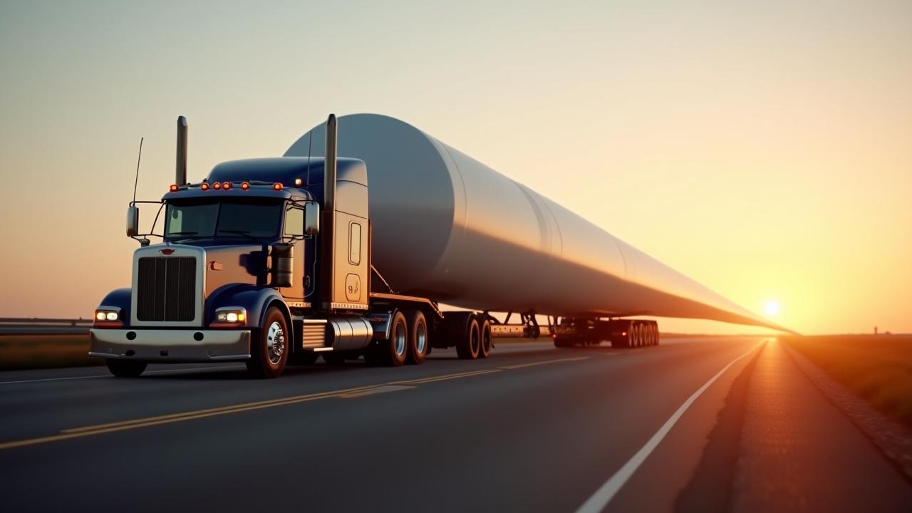 A TERVO heavy haul truck transporting a massive industrial wind turbine component at sunset.