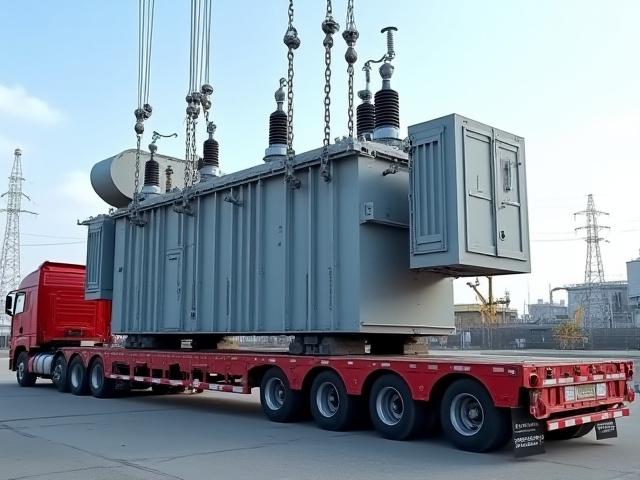 Power grid transformer on a flatbed.