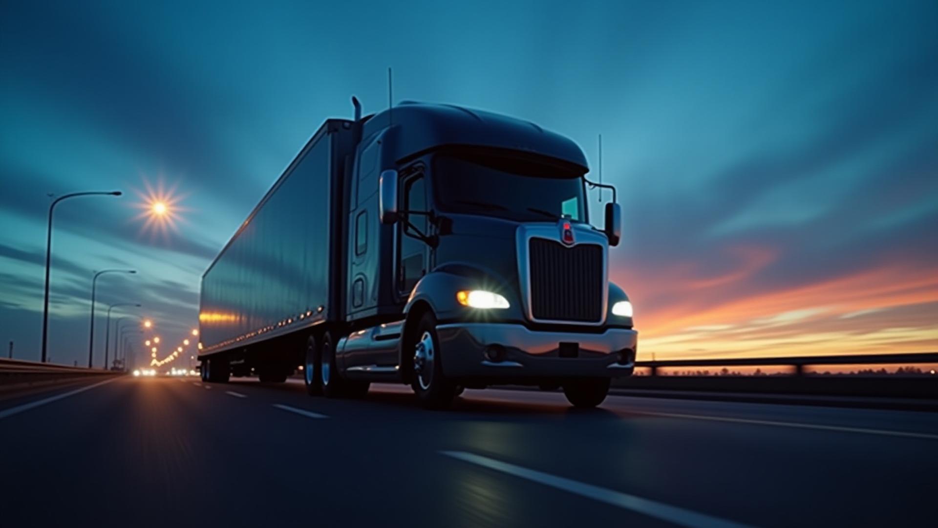 TERVO heavy-haul truck crossing the Mackinac Bridge during twilight