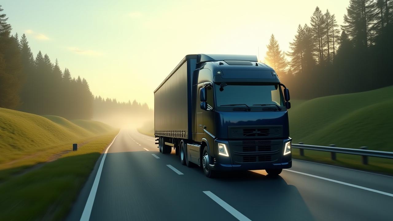 Modern heavy-duty truck driving through a clean, lush landscape symbolizing green logistics